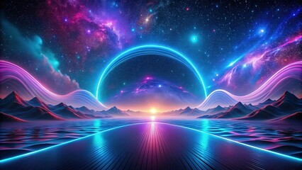 Futuristic landscape with neon light flow and cosmic sky, futuristic, landscape, neon lights, flow, cosmic, sky