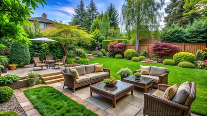 Beautifully landscaped backyard with lush greenery, inviting patio, and cozy outdoor furniture , nature, garden