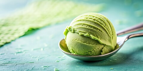 Macro shot of a light green matcha ice cream scoop with soft focus on a bright background , matcha, ice cream, scoop, macro