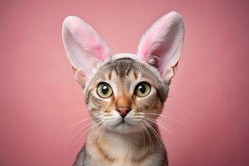 Adorable Singapura cat donning rabbit ears headband tilts head, whiskers twitching, against soft peachy pink background, exuding playful whimsy and feline charm.