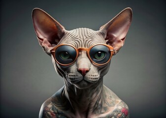 Obraz premium Stylish hairless sphynx cat with trendy tattoos and sunglasses lounges on a grey background, perfect for creative banners, posters, greeting cards, and calendars showcasing tattooing fashion.