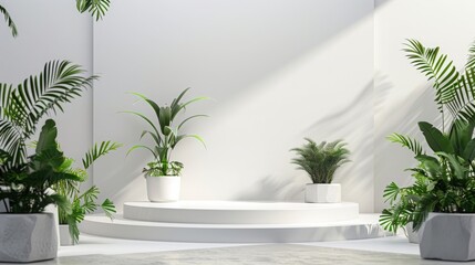 Minimalist White Studio with Plants and Podium for Product Display