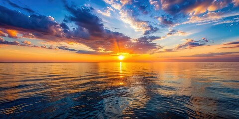 Fototapeta premium Beautiful sunset over the calm waters of the Black Sea , tranquil, twilight, horizon, beach, nature, vibrant, sky