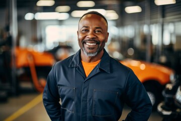 Fototapeta premium Smiling portrait of a middle aged car mechanic in workshop