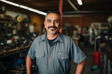 Fototapeta premium Smiling portrait of a middle aged car mechanic in workshop