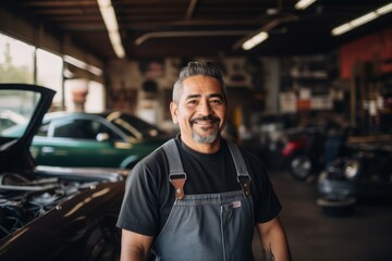 Obraz premium Smiling portrait of a middle aged car mechanic in workshop
