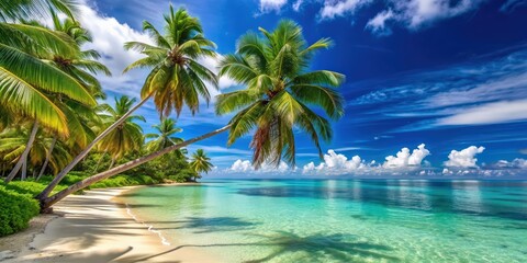 Scenic tropical beach with swaying palm trees and clear blue water, paradise, exotic, vacation