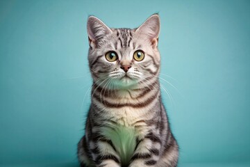 Obraz premium Adorable American shorthair kitty with stunning whiskers and soft gray fur sits confidently on a bright light blue solid background, showcasing its cute face.