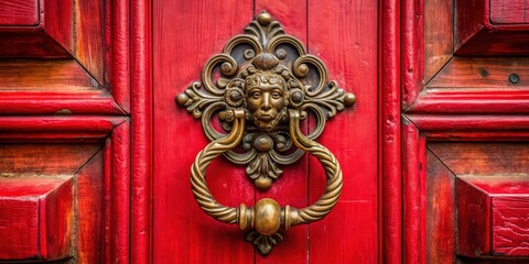 Old bronze knocker on rich red door, symbolizing historical charm and grandeur, bronze, knocker, red door, historical