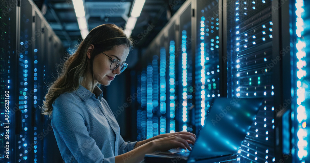 Poster a woman is typing on a laptop in a room with many computer monitors