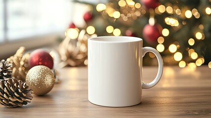 A blank white mug sits on a wooden table, surrounded by festive decorations and glowing lights, perfect for holiday beverages.