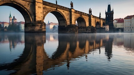 Obraz premium Historic Prague: The Timeless Charles Bridge Reflected in Still Waters