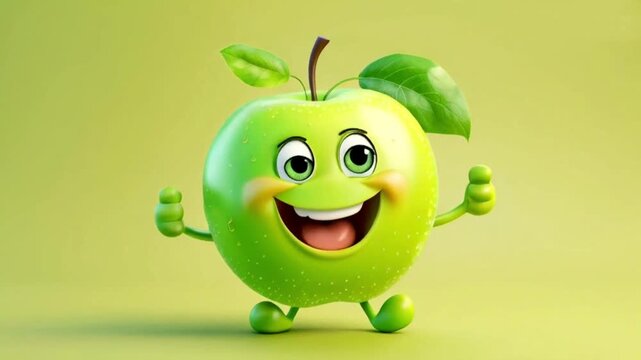 Cheerful cartoon green apple character with cute smile. Sweet orange fruit, happy funny food personage. Healthy food concept High quality HD 4K video