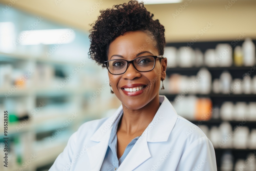 Wall mural smiling portrait of a middle aged female pharmacist in pharmacy