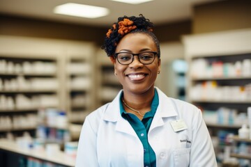 Fototapeta premium Smiling portrait of a middle aged female pharmacist in pharmacy