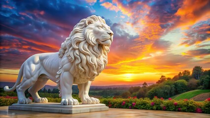 Majestic white marble lion sculpture in a colorful landscape setting , lion, white, marble, majestic, colorful