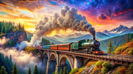 Fantasy landscape with colorful steam locomotive chugging through mountains, bridges, and vibrant sky