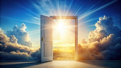 An open door leading to a bright, fantasy sky filled with fluffy clouds and sunlight, symbolizing hope