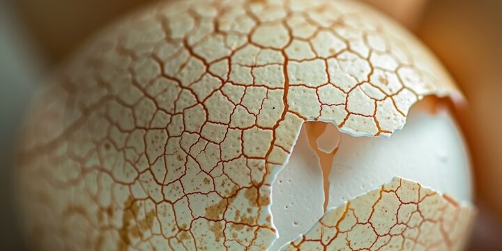 Close-up of a cracked eggshell with intricate patterns.