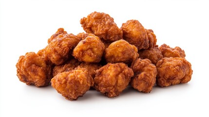 A delicious serving of spicy fried chicken bites, arranged in a neat pile on a white background.