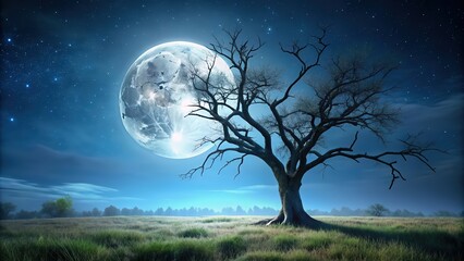Dead tree bush illuminated by moonlight in a render, night, spooky, eerie, barren, isolated, darkness, branches