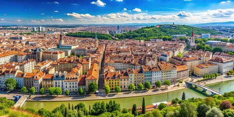 Panoramic aerial view of Lyon, France cityscape in summer , Lyon, France, panoramic, aerial view, cityscape, summer