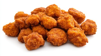 A delicious serving of spicy fried chicken bites, arranged in a neat pile on a white background.