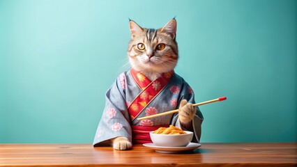 Cute cat in kimono eating sushi with chopsticks, cute, cat, sushi, chopsticks, kimono, food, Japanese, culture, adorable, pet
