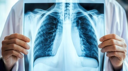 Doctor showing lung x-rays in a polluted urban area, environment impact on health
