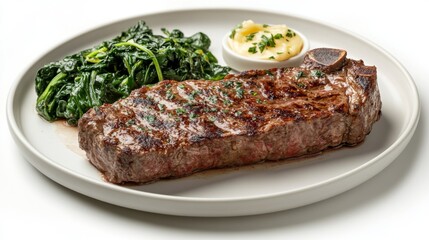 A delicious steak plate featuring a thick cut of ribeye, garlic butter, and a side of wilted spinach on a white background.