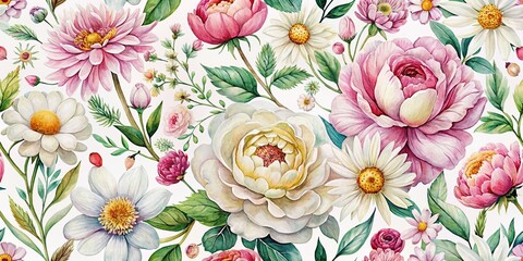 Vibrant floral patterns unfold on a soft, white background, featuring blooming peonies, roses, and daisies in gentle, blended watercolor hues and delicate, organic shapes.