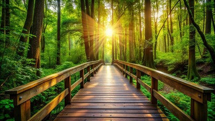 Wooden bridge in lush green forest with sunlight filtering through the trees, nature, outdoors, walking, path, adventure