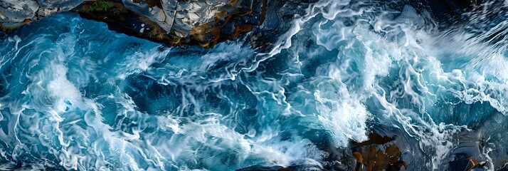Ocean's Fury: A breathtaking aerial view of turquoise waves crashing against rugged rocks, showcasing the raw power and beauty of nature. 
