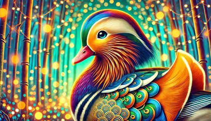 A colorful, abstract watercolor painting of a mandarin duck