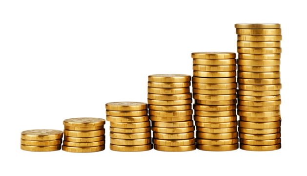 Piles money gold coins of gleaming with isolated against transparent background. 
