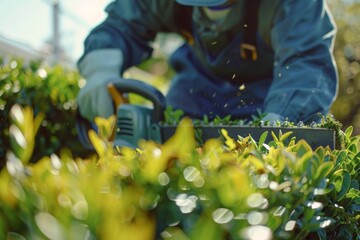 Gardener in blue overalls using a hedge trimmer to maintain green bushes in a sunny garden. Green leaves flying around. Close-up, vibrant colors, gardening action scene. AI