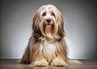 Naklejka premium Adorable Tibetan Terrier dog with beautiful, long, curly, and silky coat sitting majestically, showcasing its stunning features and irresistible puppy eyes in a studio setting.