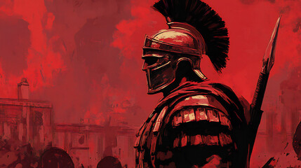 Ancient Spartan Warrior with sword Armored Red illustration art
