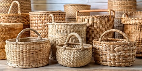 Obraz premium Natural fiber baskets made from woven seagrass perfect for home organization and storage , woven, seagrass, natural