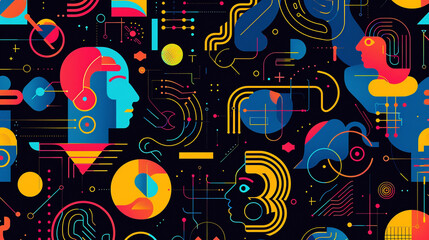 Obraz premium An abstract pattern with colorful shapes and lines on black background. Arranged in random positions. 