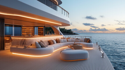 Fototapeta premium Luxurious outdoor lounge area on a yacht at sunset featuring modern seating, ambient lighting, and an elegant bar with ocean views.
