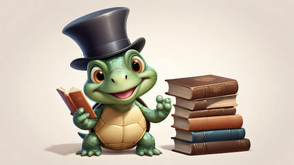 Obraz premium A 3D cute cartoon style portrait of a wise, monocle-wearing turtle character with a top hat, wrinkled smile, and a book under its arm, set against a simple background