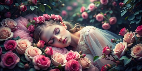 Ethereal princess sleeping among dark roses in a fairytale setting, ethereal, beauty, repose, fairytale, princess, asleep
