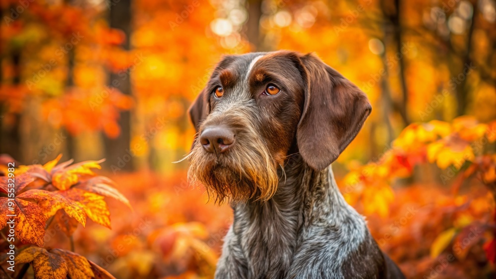 Wall mural german wirehaired pointer dog in autumnal landscape, attentive purebred pet amidst fall colors