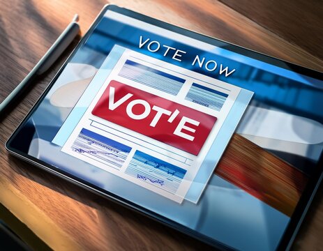 Close-up of a 'VOTE NOW' button on a tablet with an online voting website visible