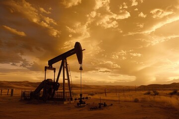 Naklejka premium Oil rig silhouette at sunset in vast desert landscape. The image captures industrial oil extraction with a dramatic sky backdrop. Perfect for energy, industry, and landscape projects. Generative AI