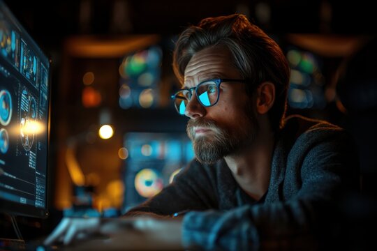 Focused programmer working on computer screen in dark office