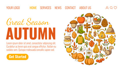 Autumn season, landing page vector template. Colorful round design from cozy seasonal fall elements, food, clothes and animals. For website, web, online, banner, advertising, promotion