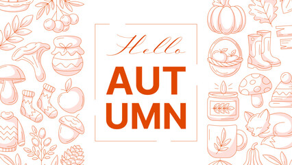 Hello autumn, minimalist horizontal banner or background with greeting text. Side frame, fall seasonal cozy elements, food, clothes, mushrooms, animals. For poster, flyer, card, invitation