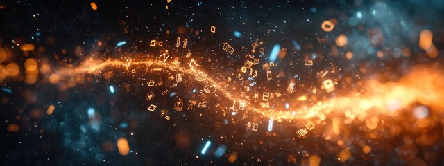 Naklejka premium Abstract Digital Data Stream with Floating Icons in Blue and Orange Light